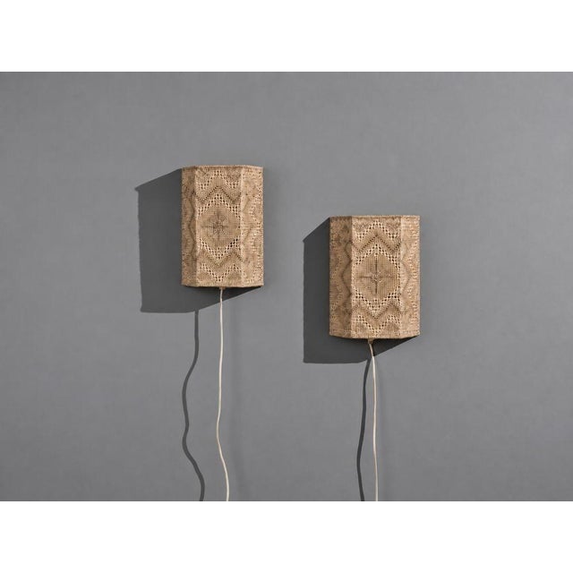 Swedish Mid-Century Modern, Wall Sconces, Beige and White Crocheted Fabric, Sweden, 1970s Pair of knitted fabric beige and...