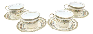 Set of 4 Aynsley “Henley” Bone China Tea Cups and Saucers – Gold Trimmed English Floral Tableware