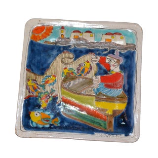 Italian Giovanni Desimone Hand Painted Art Pottery Square Decor Plate, Fisherman For Sale