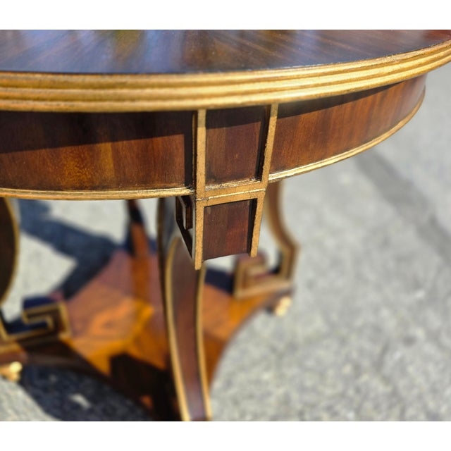 Traditional Ethan Allen Empire Revival Mahogany Round Center Table With Greek Key Inlay and Brass Banding For Sale - Image 3 of 9