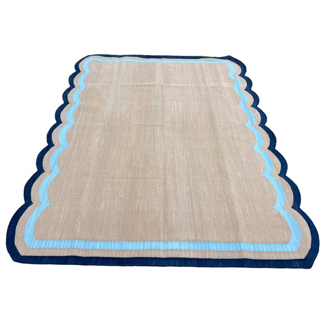 Handmade Cotton Vegetable Dyed Scalloped Rug Muddy Beige, Sky and Navy Blue Border - 9'x12' For Sale - Image 9 of 11