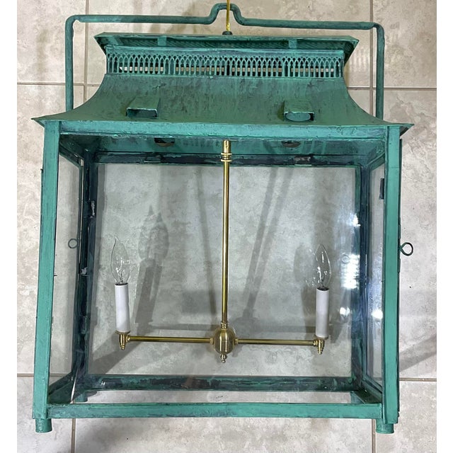 One of a Kind Hand-Painted Turquoise Hanging Lantern Steel & Solid Brass For Sale - Image 13 of 18