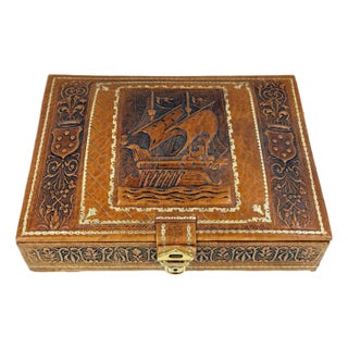 Mid 20th Century Argentinian Embossed Leather Music Box With Galleon Motif For Sale