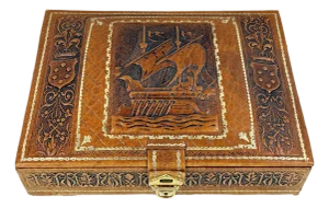 Mid 20th Century Argentinian Embossed Leather Music Box With Galleon Motif
