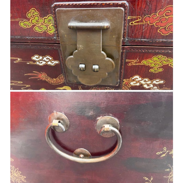 19th Century Chinese Red Lacquer Trunk Chest With Hand-Painted Dragon Motifs For Sale - Image 13 of 14