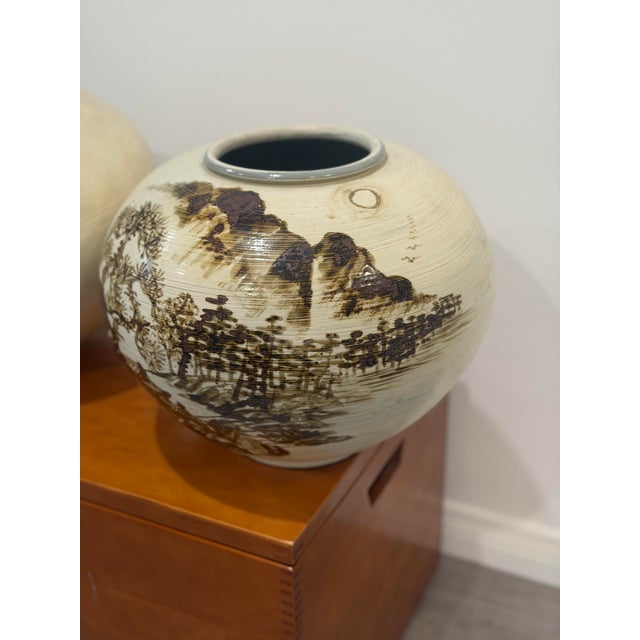 1980s Signed Asian Hand- Painted Scenic Vases | Moon Jars For Sale - Image 9 of 12