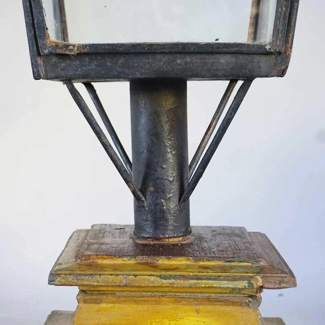 Wood Late 19th Century English Black Toleware & Glass Post Lantern on Painted Teak Base For Sale - Image 7 of 10
