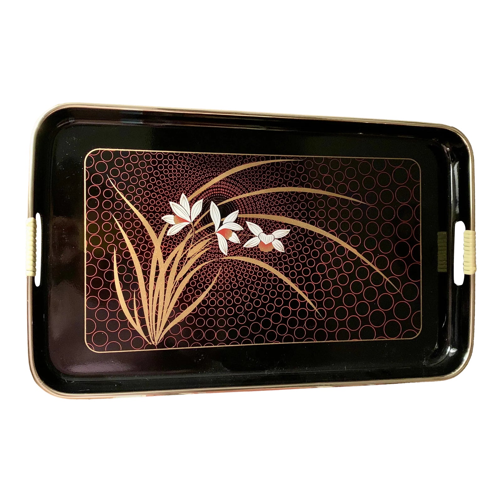 Mid-Century Japanese Lotus Lacquered Tray | Chairish