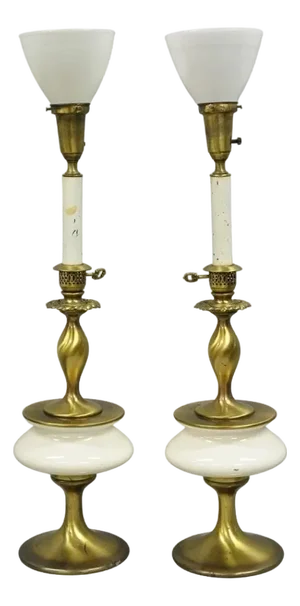 Vintage Rembrandt Hollywood Regency Brass & Porcelain Sculpted Table Lamp Pair