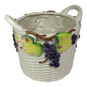 Large Fitz & Floyd White Ceramic Woven Basket With Grapes