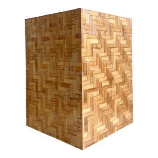 Vintage Boho Parquet Rattan Pedestal For Sale