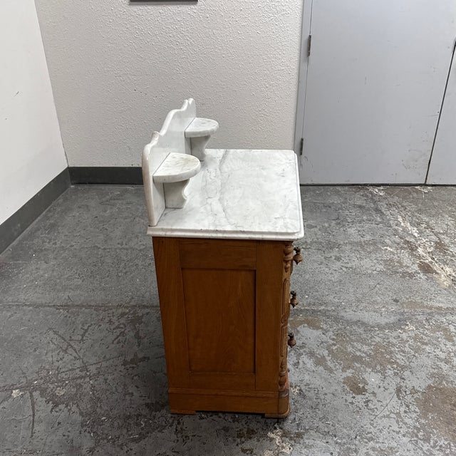 Early 20th Century Oak Washstand Marble Top + Backsplash, Antique For Sale - Image 5 of 12