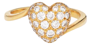 90s Cartier Pave Diamond Heart Ring Sz 5.25 18k Yellow Gold Signed Jewelry