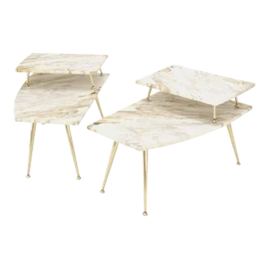 Pair of Asymmetrical Wedge Two Tier Marble Top Tapered Brass Legs Side End Table