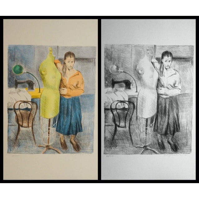 Artist: Raphael Soyer Title: Seamstress 1 Portfolio Medium: 2 Lithographs, 1 printed in color & 1 black/white Original...