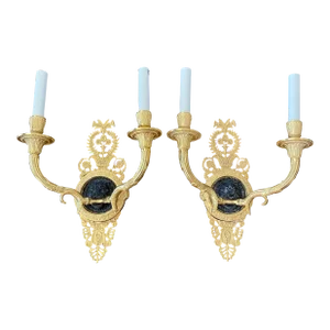Two Arm French Empire Style Brass Wall Sconces With Lions Heads -A Pair