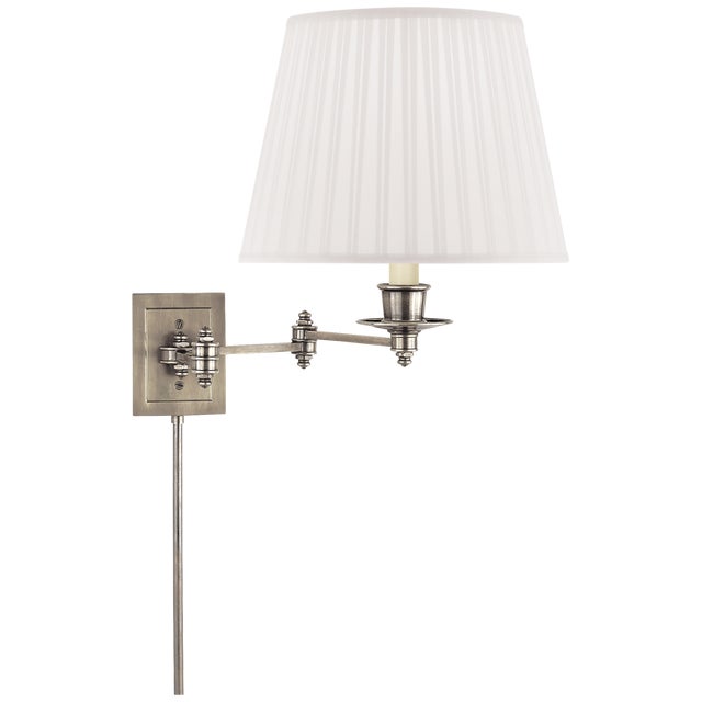 Triple Swing Arm Wall Lamp in Antique Nickel with Silk Shade Height: 13" Extension: 18.5" Backplate: 3.5" x 4.5" Rectangle...