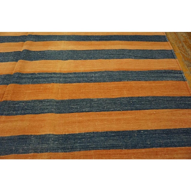 1920s Apricot Blue Stripe Antique Indian Cotton Dhurrie Carpet 9'7" X 15'3" Flatweave Wool Rug For Sale - Image 9 of 12
