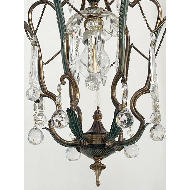 Brass and Green Pendant Light with Cut Crystal Drops, Italy, 1950s For Sale - Image 6 of 17