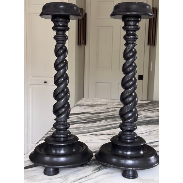Vintage Carved Jacobean Barley Twist Large Scale Candle Holders - A Pair For Sale - Image 17 of 17