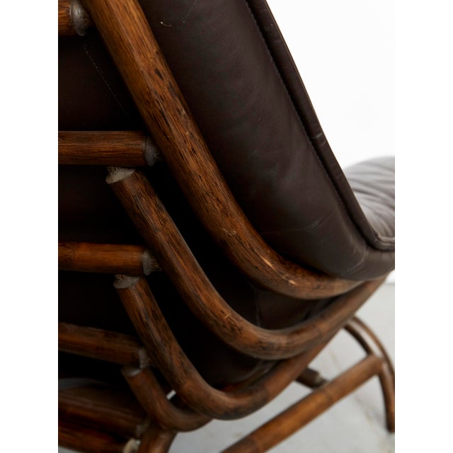 Brown Set of Bamboo and Leather Lounge Chair and Ottoman, 1970s For Sale - Image 8 of 18