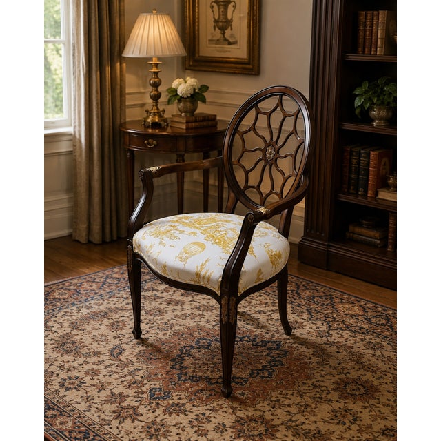 This elegant spider back armchair is most likely an authentic Ethan Allen piece, crafted in the refined Hepplewhite...