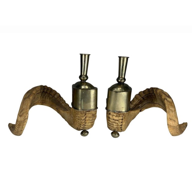 Gemstone Mid 20th Century Pair of Ram Horns, Metal Lapis Lazuli Candlesticks For Sale - Image 7 of 12
