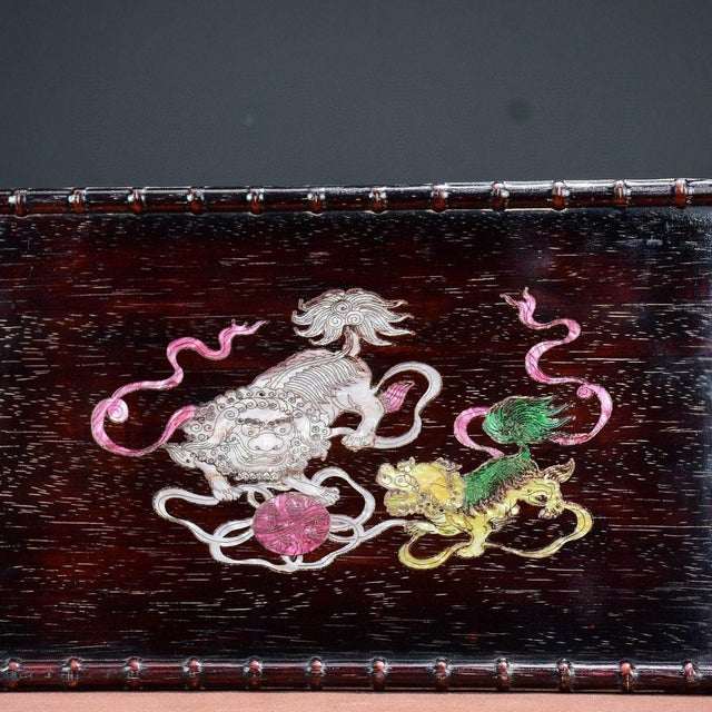 Vintage Chinese Rosewood Tea Tray With Mother of Pearl Inlay & Lion Motif For Sale In Los Angeles - Image 6 of 8