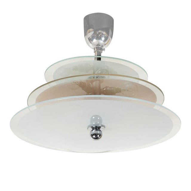 1930s Art Deco Machine Age Three-Tier Chandelier in Frosted Copper and Glass For Sale