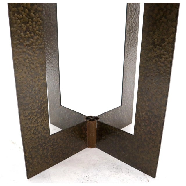 Mid century modern travertine top hammered and braised copper base studio made side end occasional table.