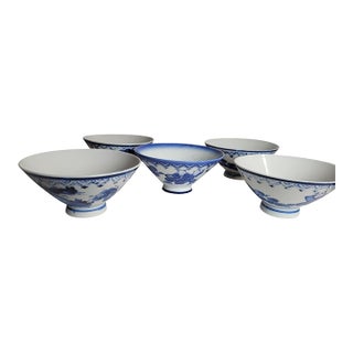 Mid-Century Japanese Sometsuke Blue & White Porcelain Footed Rice Bowls- Set of 5 For Sale