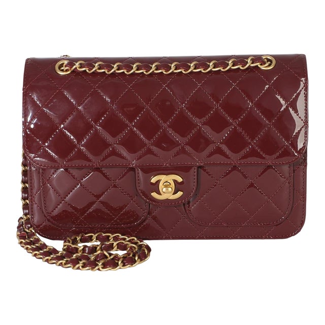 25B Burgundy Quilted Patent Double Pocket Flap Bag For Sale