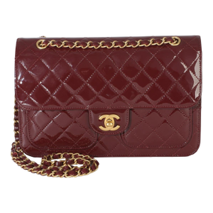 25B Burgundy Quilted Patent Double Pocket Flap Bag
