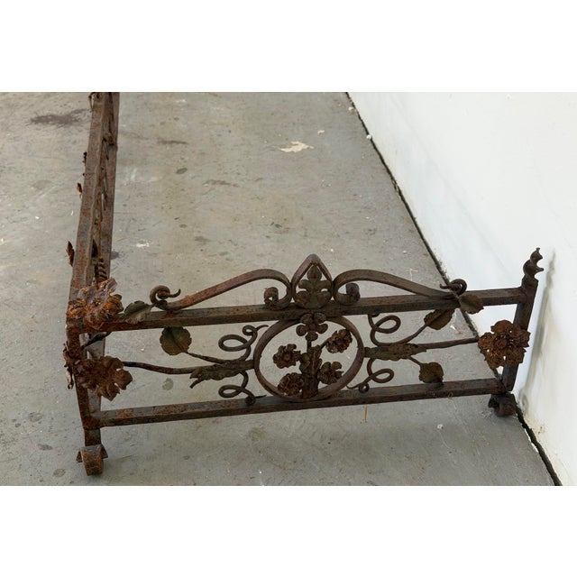 Antique Italian Hand-Forged Wrought Iron Fireplace Fender, 58” Wide, Floral Scroll & Fleur-De-Lis Architectural Hearth Guard For Sale - Image 12 of 12