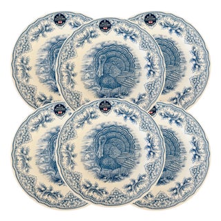 English Blue & White Transferware Turkey Thanksgiving Dinner Plates - Set of 6 For Sale