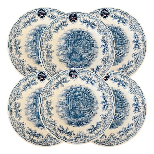 English Blue & White Transferware Turkey Thanksgiving Dinner Plates - Set of 6 For Sale