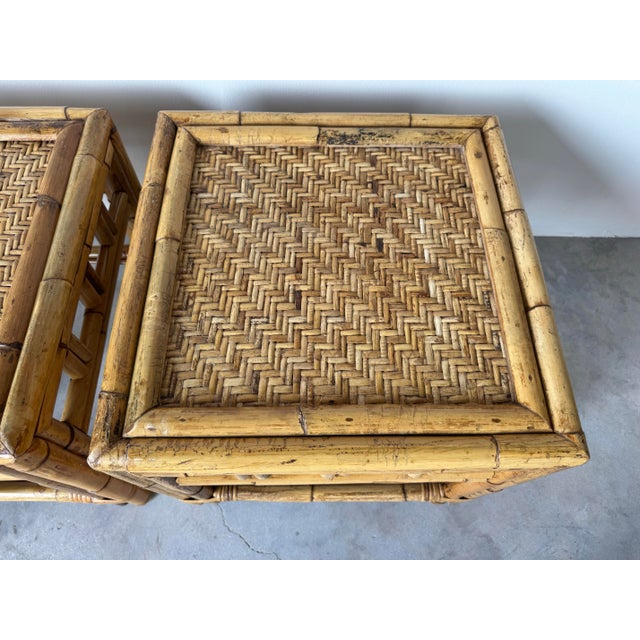 Wood Pair of Vintage Coastal Boho Chic Bamboo Rattan Side Tables For Sale - Image 7 of 9