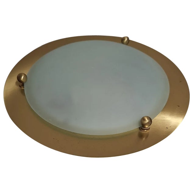 Vintage Ceiling Lamp with a Gold-Colored Metal Base and Curved Matt Glass Lampshade from Belmonte, 1990s For Sale