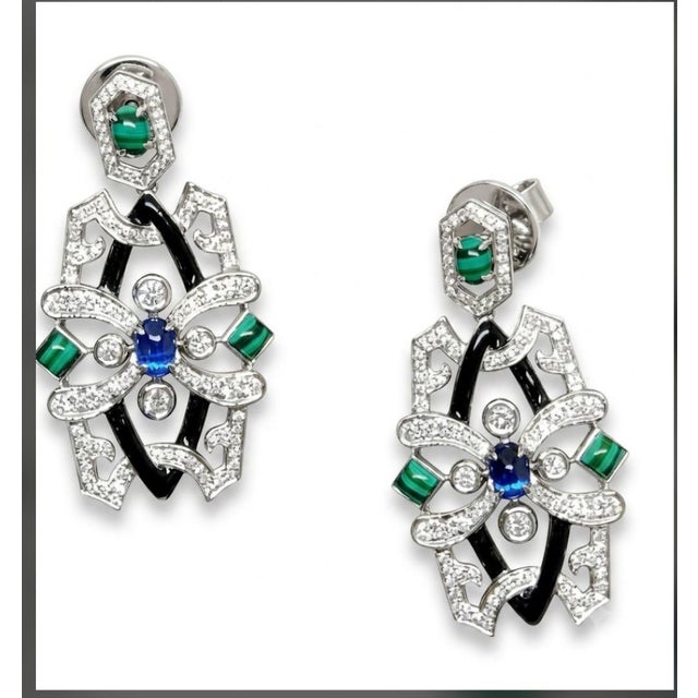 Green Natural Malachite, Kyanite & Diamond Earring in 18k Gold For Sale - Image 8 of 8