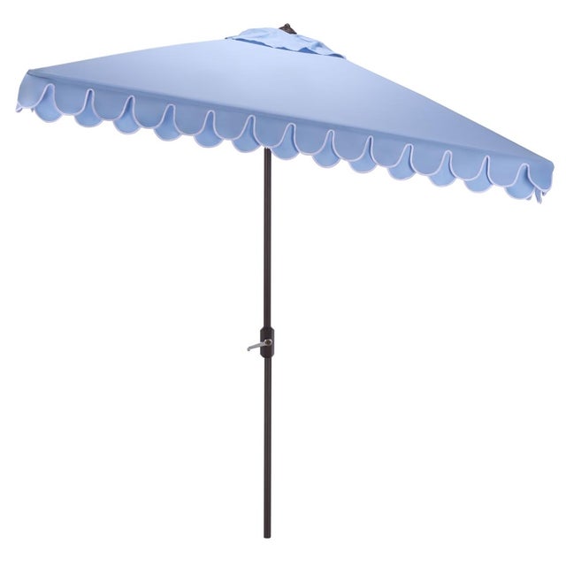 Metal Elegant Valance 7.5 Ft Square Umbrella, Baby Blue With White Trim For Sale - Image 7 of 8