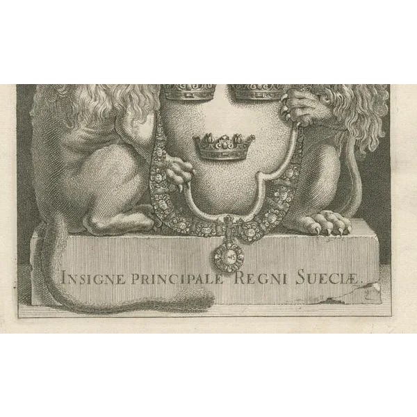 This is an original detailed engraving of the greater coat of arms of Sweden, referred to in Swedish as "Svea rikes...