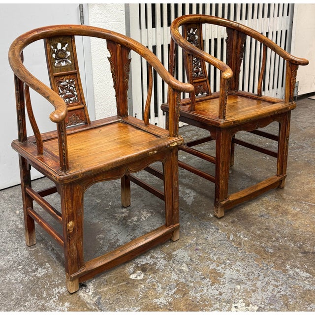 Chinese Antique Chinese Horseshoe Armchairs, Pair For Sale - Image 3 of 12