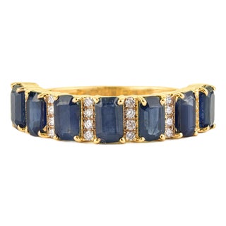 2.7ct Blue Sapphire & Diamond Wedding Band Ring Size 6 in 14k Yellow Gold For Sale