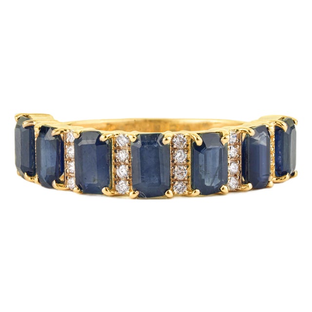 2.7ct Blue Sapphire & Diamond Wedding Band Ring Size 6 in 14k Yellow Gold For Sale