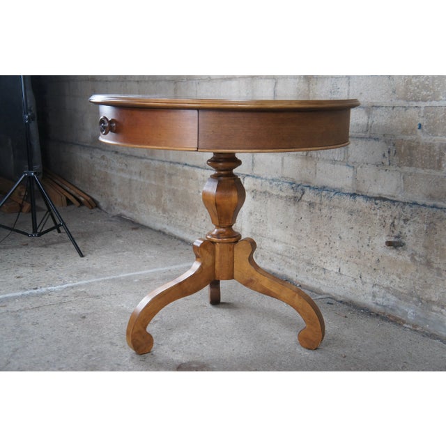 Wood Late 20th Century Eddie Bauer Lifestyles Lane Cherry Empire Scrolled Pedestal Center Table with Drawer For Sale - Image 7 of 13