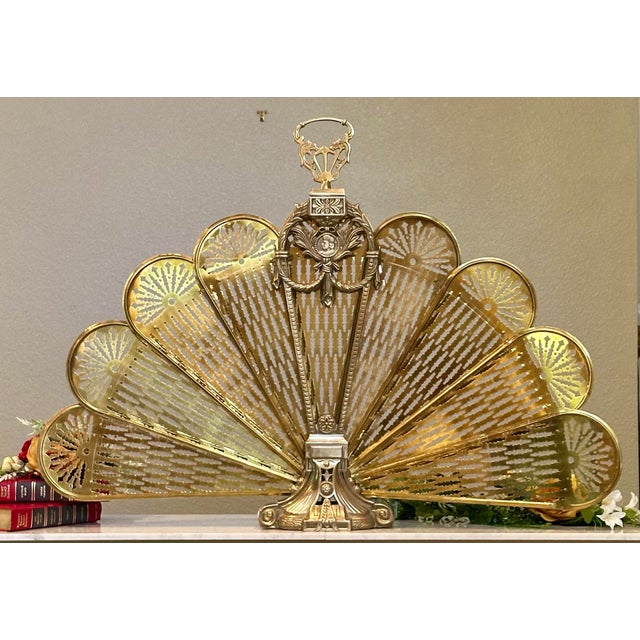 Victorian Vintage Brass Fireplace Screen Cameo Folding Peacock Screen For Sale - Image 3 of 11