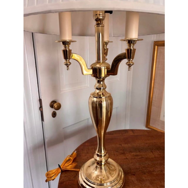 Vintage Tall Heavy Brass Three Arm Bouillotte Lamps With Creamy Off White Pleated Shades - a Pair For Sale - Image 4 of 10