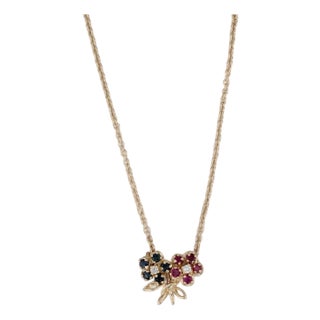 0.45ctw Sapphire Ruby Diamond Flower Pendant Necklace 14k Yellow Gold 14.75" For Sale