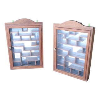 Great Pair of Large Wood Chinese Hanging Display Show Case With Glass Door For Sale
