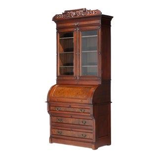 Antique Eastlake Walnut & Burl Barrel Roll Secretary Desk with Carved Ivy, Cira 1890 For Sale